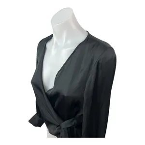Zara Women's Black Silky Satin Sheer V Neck Long Sleeve Crop Wrap Blouse Top XS thumbnail 2