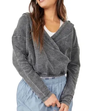Free People Movement black criss cross cropped hooded terry sweatshirt thumbnail 1