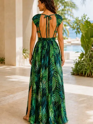 Green Tropical Palm Leaf Smocked Open Back Maxi Dress Side Slit Resort NWT thumbnail 4