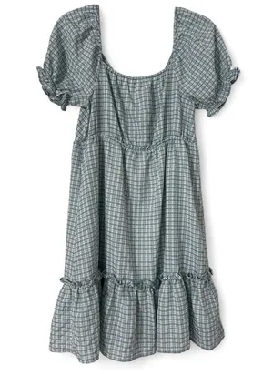 Teal & White Checkered Puff Sleeve Mini Dress - Size Large | E&M Boutique thumbnail 4