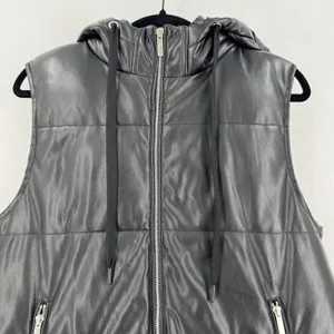 Vigoss Women L Black Faux Leather Hooded Long Puffer Vest Zip Pockets Moto Edgy thumbnail 3