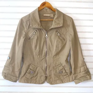 DKNY Jeans Jacket Small Khaki‎ Tan Utility Zip Up Multi Pocket 3/4 Sleeve thumbnail 1