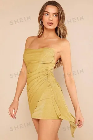 SheIn BAE Ruched Side Draped Detail Glitter Tube Bodycon Dress thumbnail 2