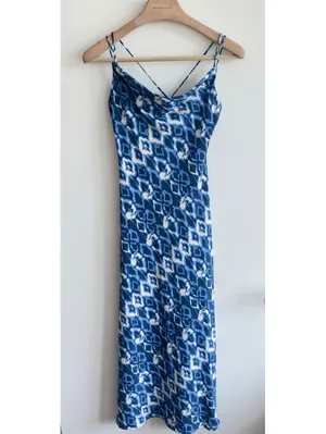 Zara Blue White Printed Cowl Neck Strappy Back Midi Slip Dress Size S thumbnail 3