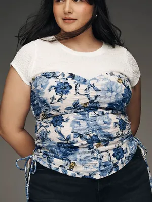 Anthropologie White Tee with Blue Floral Corset Detail thumbnail 5