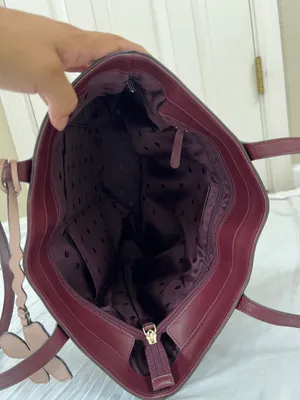 Kate Spade Kerri Medium Tote Bag Burgundy Leather with Glitter Flower Charm thumbnail 4