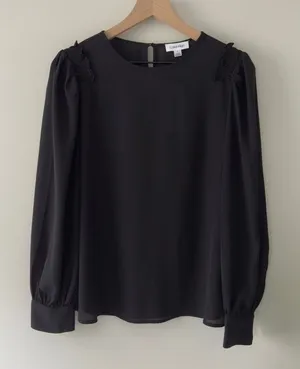 Calvin Klein Black Puff Sleeve Blouse Cuff Sleeves smocked ruffle button keyhole thumbnail 1