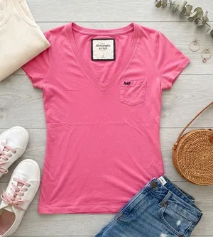 Abercrombie & Fitch‎ Y2K Womens Pink V-Neck Short Sleeve Pocket T-Shirt Size M thumbnail 1