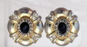 Vintage Clip On Earrings Gold/Silver Tone Gradient Black Cabochon Large thumbnail 1