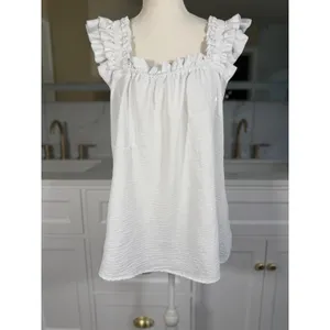 Ruffle Strap Tank Top Womens Large White Sleeveless Square Neck Flowy Blouse thumbnail 3