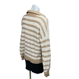 Sonoma Brown Beige Striped Print Cotton Collar Long Sleeve Sweater Top Size M thumbnail 3