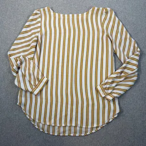 LOFT Women's Medium White Yellow Stripe Long Sleeve Keyhole Back Blouse Top thumbnail 1