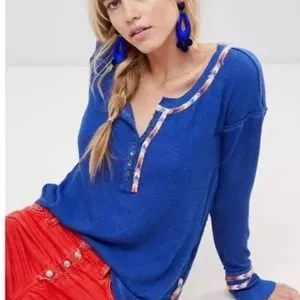 Free People "We the Free" Blue Rainbow Embroidered Henley Thermal Top size S thumbnail 1