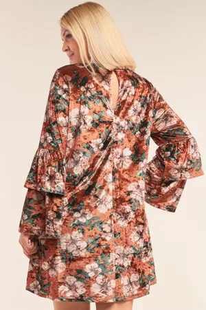 Floral Rust Velvet Long Sleeve Dress Plus Size 1X thumbnail 3