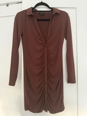 New Look Button-Front Ruched Long Sleeve Dress in Rust thumbnail 1