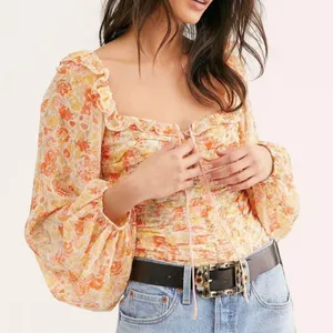 Free People Mabel Floral Printed Balloon Sleeve Peasant Top in Spring Combo M thumbnail 1