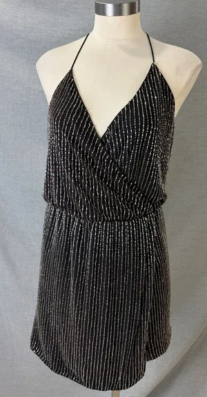 Parker NY‎ Black Silver Bugle Bead Halter Mini Dress Size 0 thumbnail 1