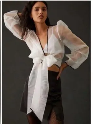 Anthropologie Maeve Sheer Bow Tie Long Sleeve Blouse Women’s Large White thumbnail 3