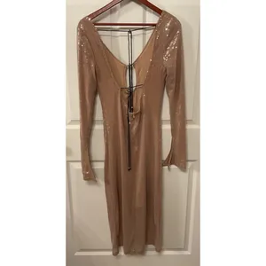 NWOT Meilun Deep V Dress Drawstring Long Sleeve Sequin Dress Long Gown, sz M thumbnail 4