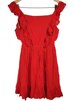 Altar'd State‎ Red Crinkle Fabric Ruffle Square Neck Mini Dress Size S thumbnail 1