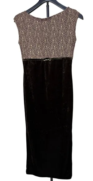 Opera Vintage Brown Velvet Gold Lace Maxi‎ Dress Sleeveless Side Slit Small thumbnail 1