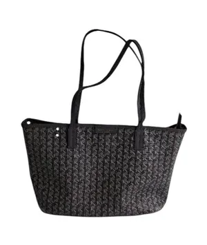 Tory Burch Gray & Black Textured Monogram Small Tote Bag Zip Top Logo Canvas thumbnail 1