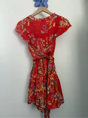 Free People Med Maia Mini Dress Red Gauze Floral Resort Front Wrap Tie Tropical thumbnail 7