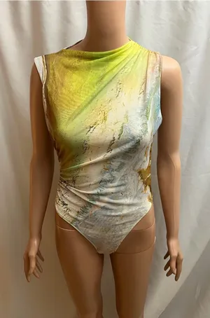 Zara Abstract Print Mesh Bodysuit Sleeveless Ruched Stretch Top Size Medium M thumbnail 1