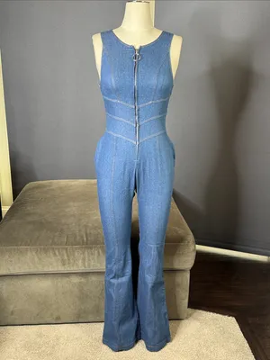 Sleeveless Sexy Blue Denim Jumpsuit Front Zip Slim Fit Retro 70s Flare Size S thumbnail 2