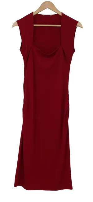 Sleeveless Ruched Midi Sheath Dress Burgundy Red Cowl Square Neck Size M thumbnail 1