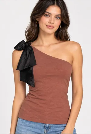 Anthropologie Maeve Brown One Shoulder Tank with Black Bow - Size Medium thumbnail 1