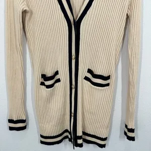 Cabi Size Small Cardigan Cream Navy Ribbed Knit Academia‎ Career Preppy Coastal thumbnail 4
