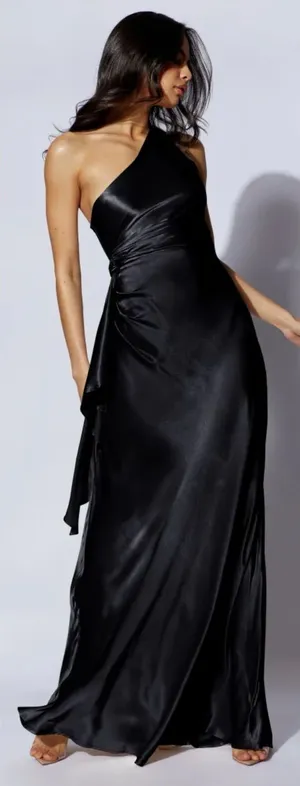 Meshki • Calliope One Shoulder Maxi Dress gown black satin formal evening draped thumbnail 1