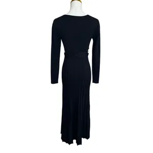 Area Stars Black Knit Midi Wrap Dress XS Pleated Fit Flare Career Designer $175 thumbnail 8