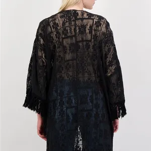 Aerie Crochet Lace Fringe Hem Kimono Women’s M/L Black Floral Swim Coverup Boho thumbnail 4