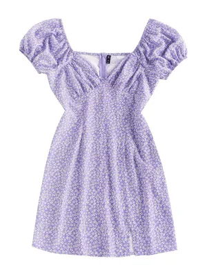 Zaful Women’s Sz 6 Mini Dress Puff Sleeve Light Purple Ditsy Floral White Yellow thumbnail 1