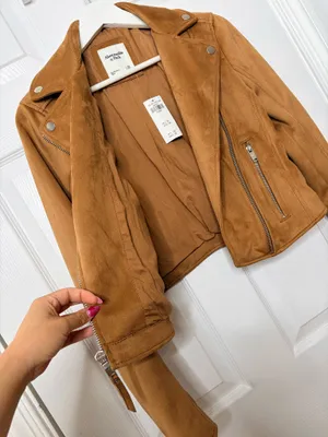 Abercrombie & Fitch Faux Suede Moto Jacket Camel Brown Biker Cropped Y2K Size XS thumbnail 4