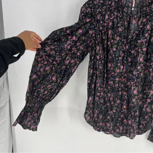 Free People Meant To Be Black Floral Print Full Mutton‎ Sleeve Peasant Blouse M thumbnail 7