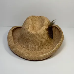 Georgi Vintage Straw Cowboy Hat Tan Feather Accent Wide Brim Western Boho Unisex thumbnail 5