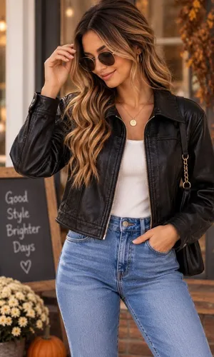 Women's Black/Brown Faux Leather Cropped Jacket with Lace-Up Sided thumbnail 1