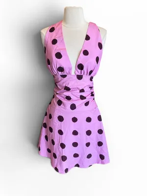 Pink Brown Polka Dot Silky Dress Halter Open Back Mini thumbnail 3