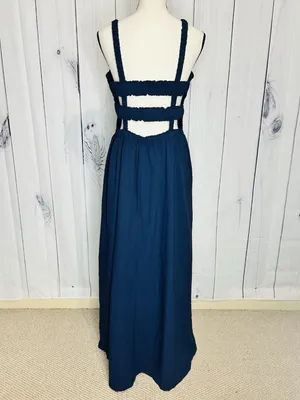 Davi & Dani Maxi Dress Sz L Navy Open Back Ladder Strap Smocked Front Sleeveless thumbnail 8