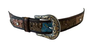 Nocona Womens Floral Tooled Leather Belt Rhinestone Hibiscus Western Brown Large thumbnail 1