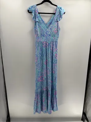 Lilly Pulitzer bohemian preppy ruffle vyra maxi blue long formal dress size 4 thumbnail 4