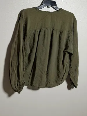 LOFT‎ Women Olive Green Button-Front Balloon Sleeve Blouse Flowy Ruffle size M thumbnail 8