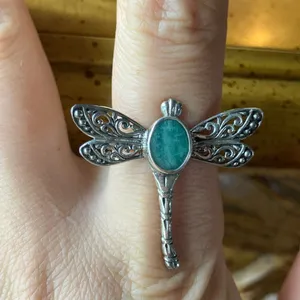 Natural Emerald Sterling Silver Dragonfly Ring Size 9 thumbnail 1
