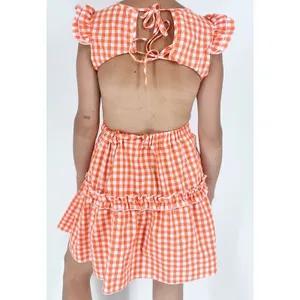 SheIn Women’s Orange Gingham Cut Out Open Back Tie Ruffle Dress Size XS thumbnail 3