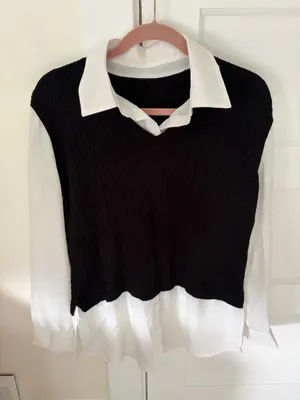 Layered Sweater Vest With Sheer Blouse Black Size M thumbnail 1