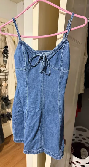 Hollister denim mini dress cherry graphic on side thumbnail 1