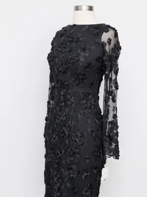 AQUA Formal - Black 3D‎ Floral Appliqué Sheer Sleeve Midi Dress thumbnail 9